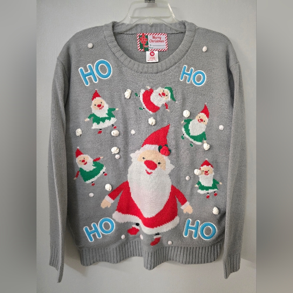Christmas Santa Sweater LED Light-Up. Gray Sz. M.   Accents: Ho Ho 3D. Pom-Pom